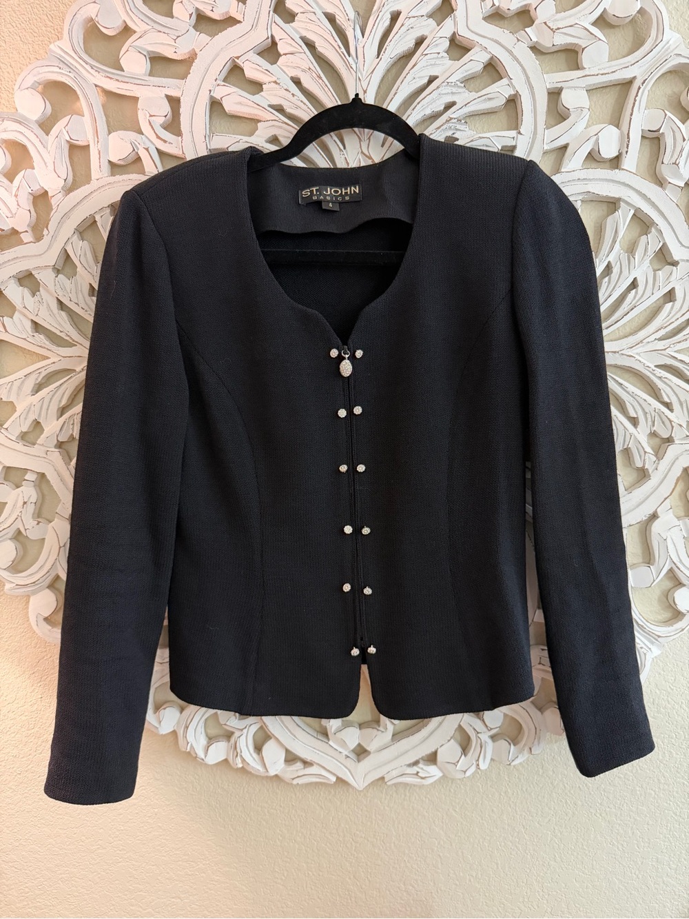 St. John Black Knit Zip-up Blazer faux diamonds